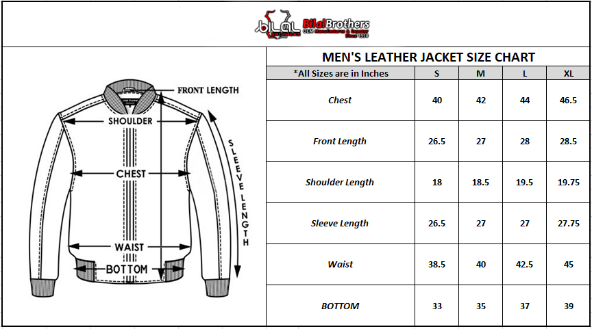 bomber leather jacket size chart